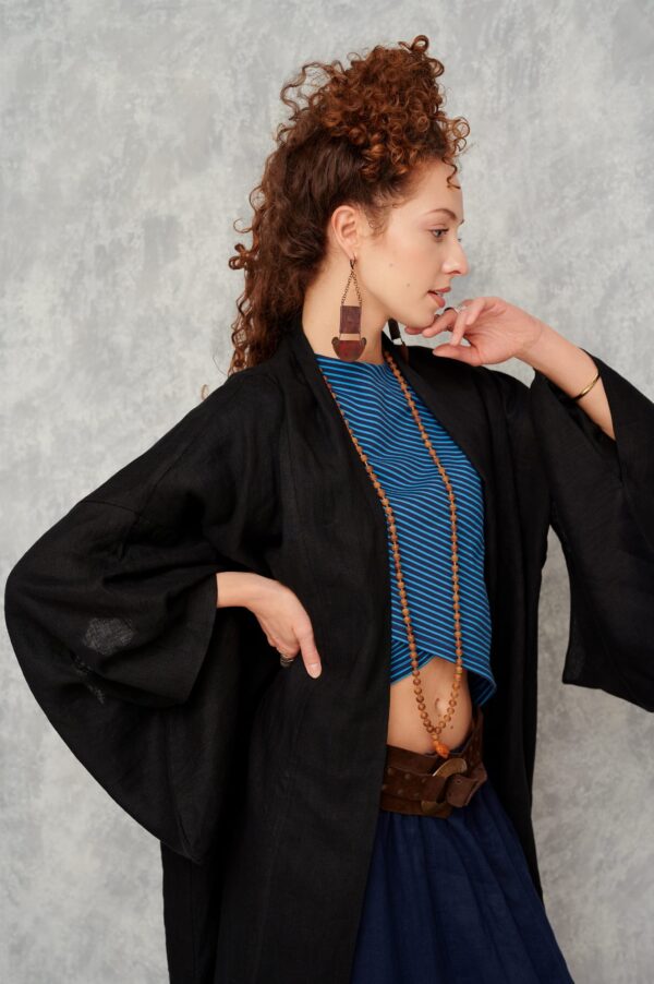Długie Kimono • Len — Czarny — zdjęcie 1 z 10